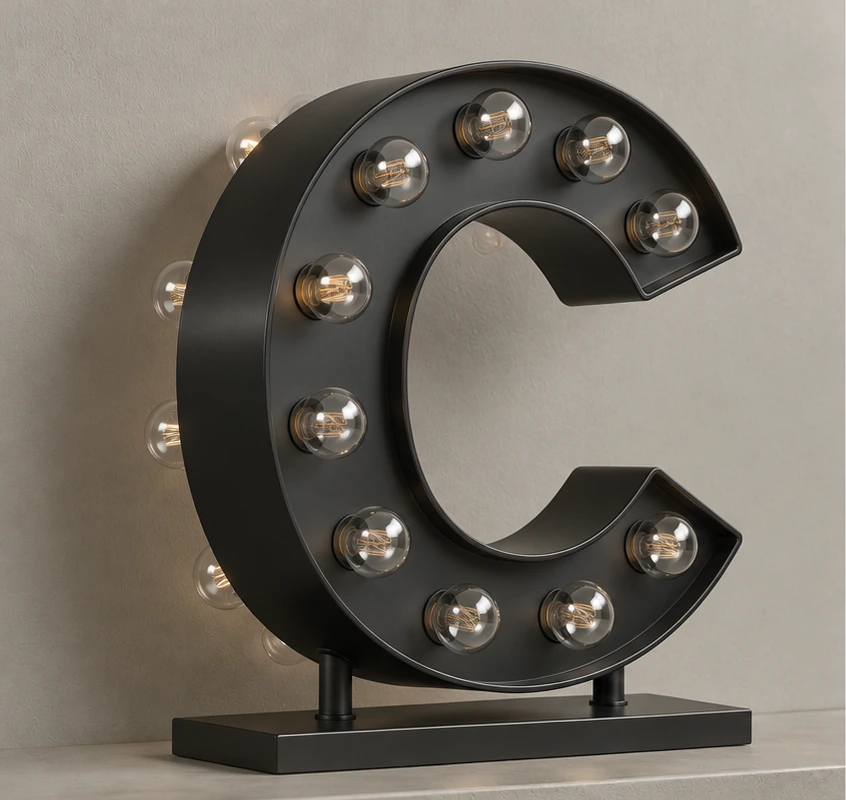 Letter C freestanding double-sided bulb letter on a base, lights off