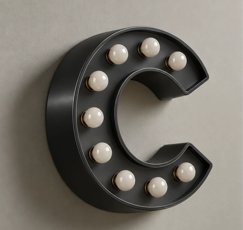 Letter C black marquee letter with bulbs, lights off