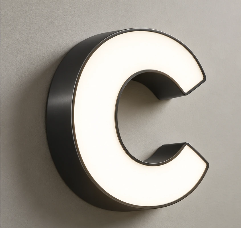 Letter C front-lit channel letter with trim cap, face glowing warm white