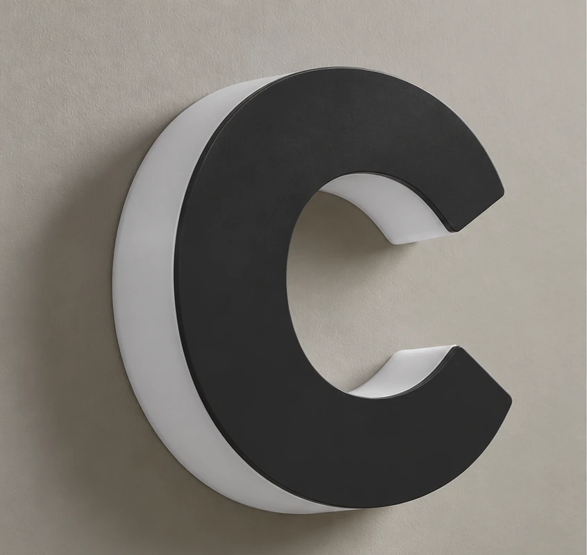Letter C side-lit letter with black face and white translucent sides, lights off