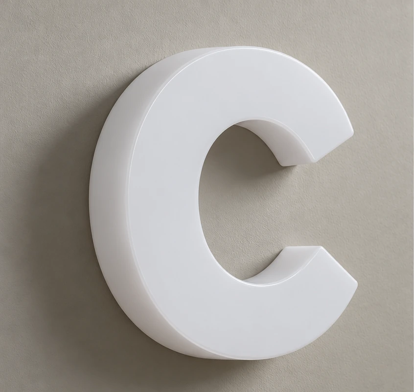 Letter C solid white acrylic letter, lights off