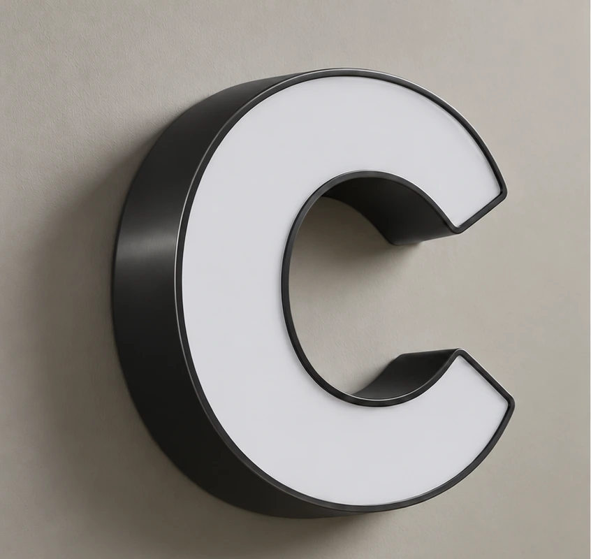 Letter C RGB channel letter with white face and black returns, lights off