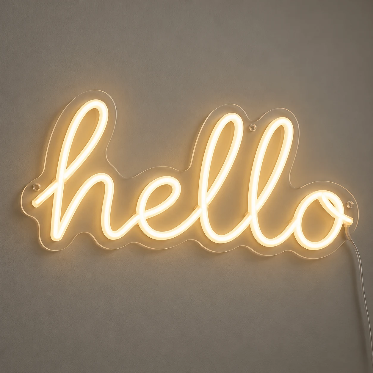 Script "hello" LED Flex Neon on a clear acrylic backing, glowing warm white