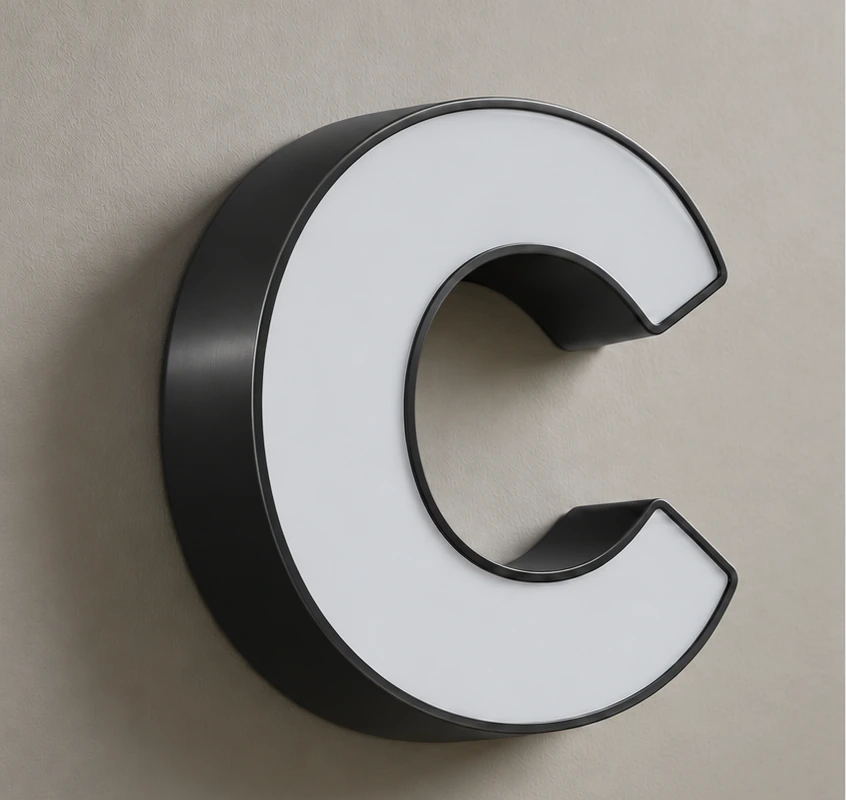 Letter C front and back-lit letter with white face and black returns, lights off