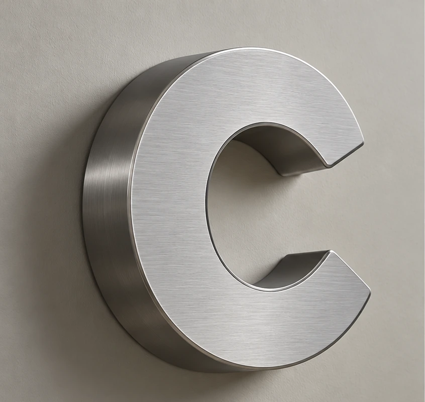 Letter C brushed stainless steel letter, non-illuminated, front view