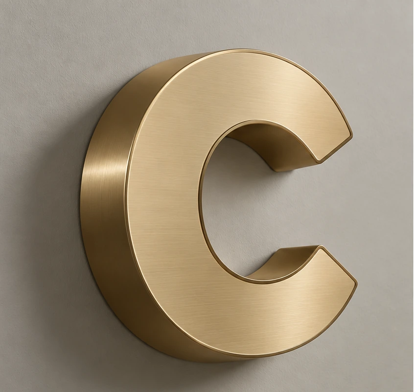 Letter C halo-lit letter with brushed brass face, lights off